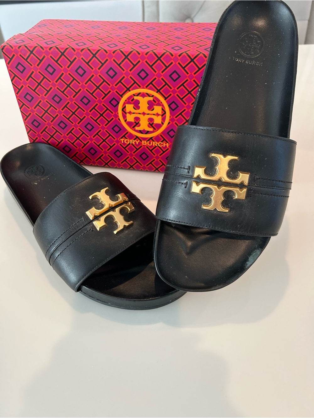 Tory Burch Womens Black Slide Sandals with Gold Logo